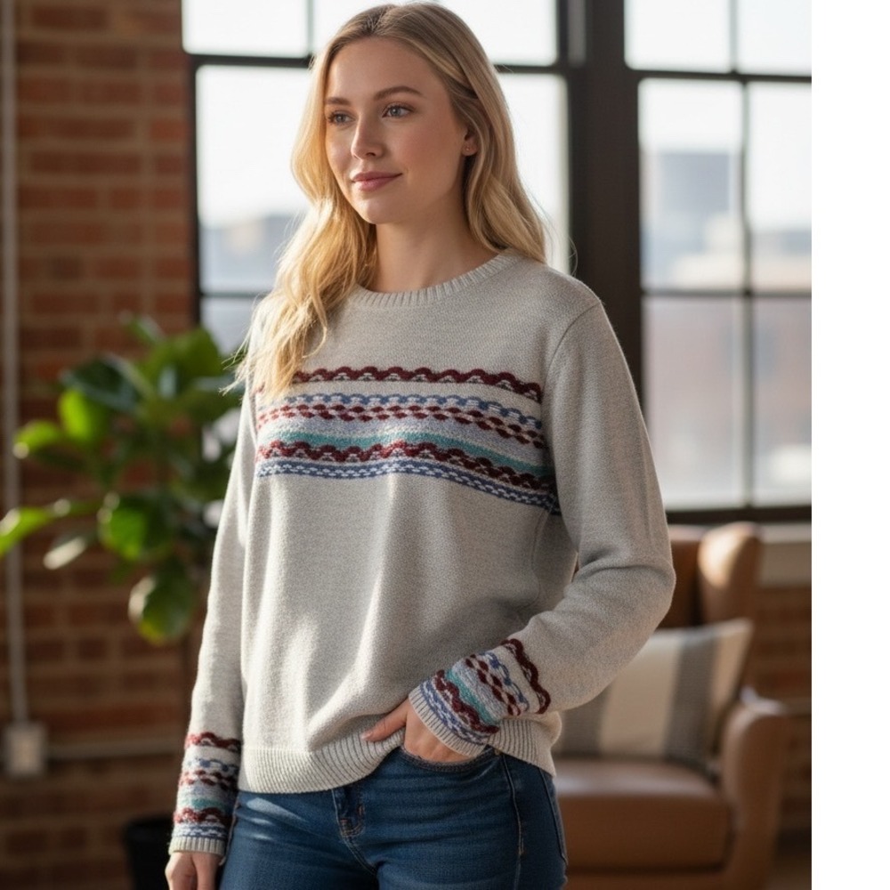 BNCI Women's‎ Geometric Pattern Crewneck Sweater Light Gray Red Blue Size Large